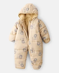 Baby Boy 1-Piece Lion Print Hooded Pram Snowsuit - Khaki