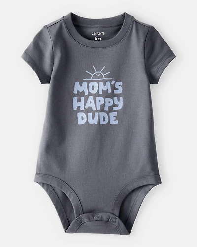 Baby Boy 'Mom's Happy Dude' Short-Sleeve Graphic Bodysuit - Grey