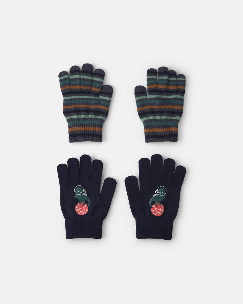 Boys 2-Pack Astronaut Dinosaur Striped Mittens - Black/Blue