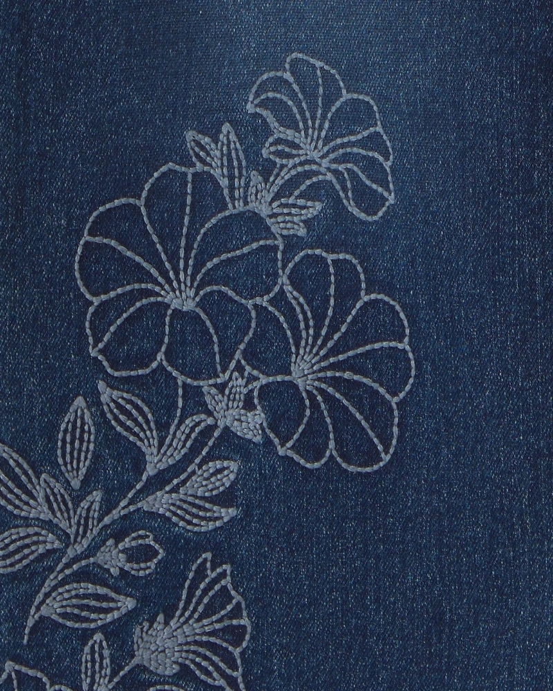 Girls Floral Denim Wide-Leg Jeans - Dark Wash