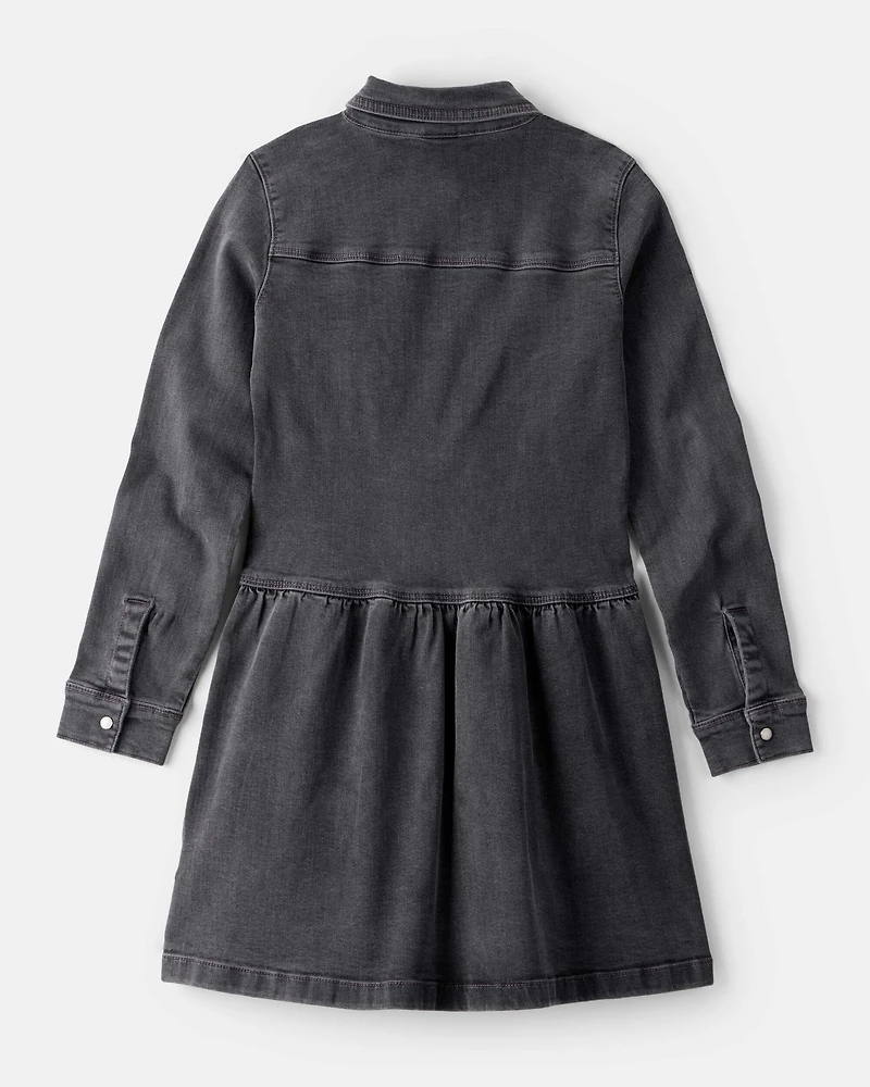 Girls Denim Long-Sleeve Dress - Black