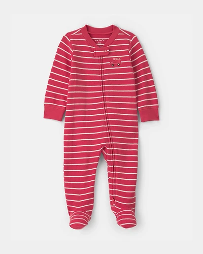 Baby Boy Firetruck Striped 100% Cotton 2-Way Zip Sleep & Play Pajamas - Red