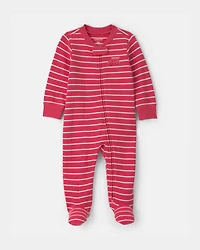 Baby Boy Firetruck Striped 100% Cotton 2-Way Zip Sleep & Play Pajamas - Red