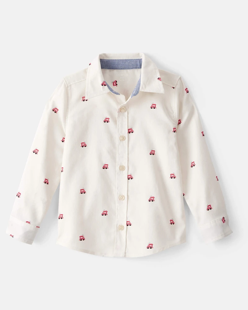 Toddler Boy Train Print Button-Down Shirt - White