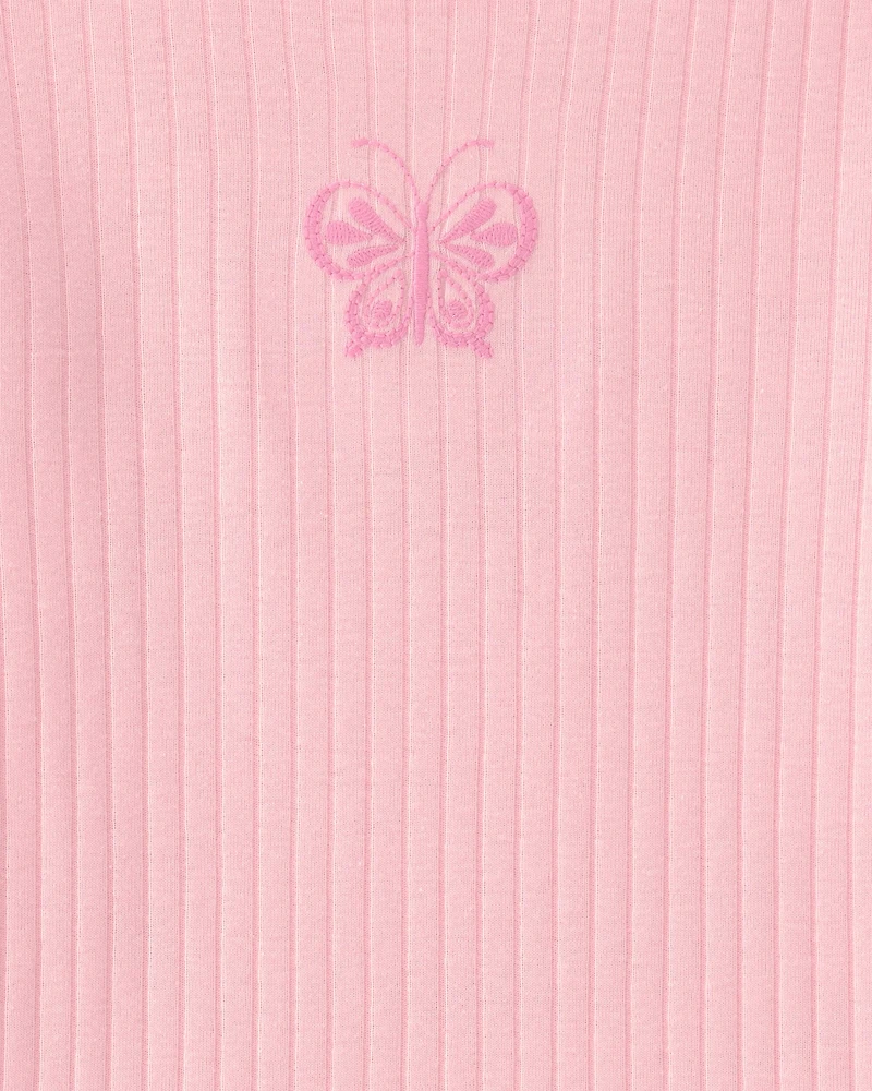Girls Butterfly Rib Snug Fit 2-Piece Pajama Set - Pink