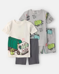 Toddler Boy Trash Truck 100% Cotton Short-Sleeve Snug Fit 4-Piece Pajama Set - Grey