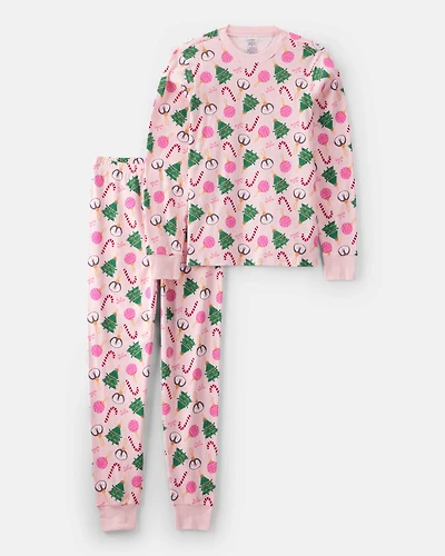 Adult Pink Ornaments 100% Cotton Long-Sleeve Snug Fit 2-Piece Pajamas - Pink