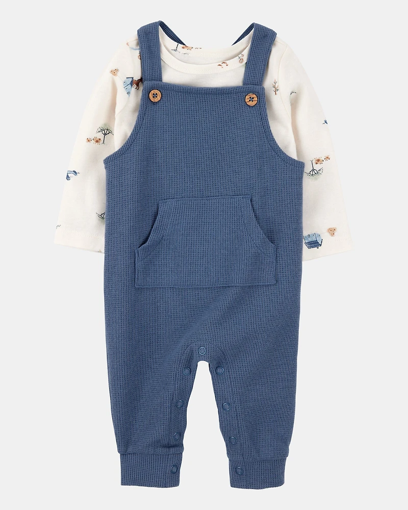 Baby 2-Piece Long-Sleeve Tee & Waffle Knit Coverall Set - Blue/White