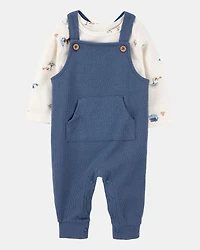 Baby 2-Piece Long-Sleeve Tee & Waffle Knit Coverall Set - Blue/White
