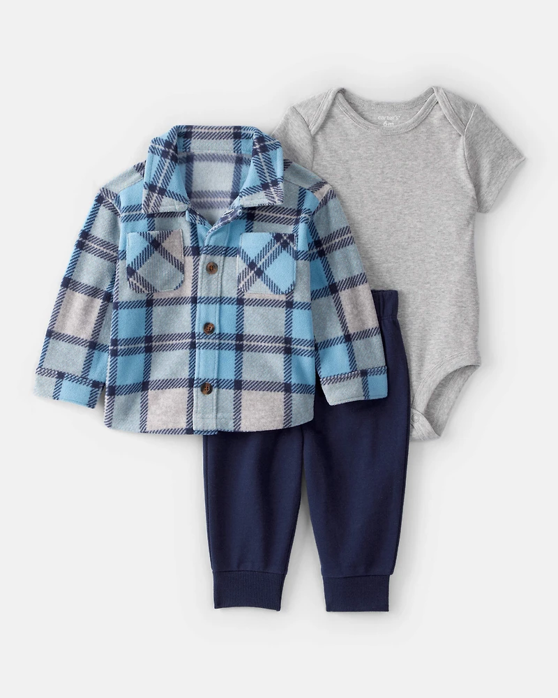 Baby Boy 3-Piece Plaid Shacket Outfit Set - Blue/Grey