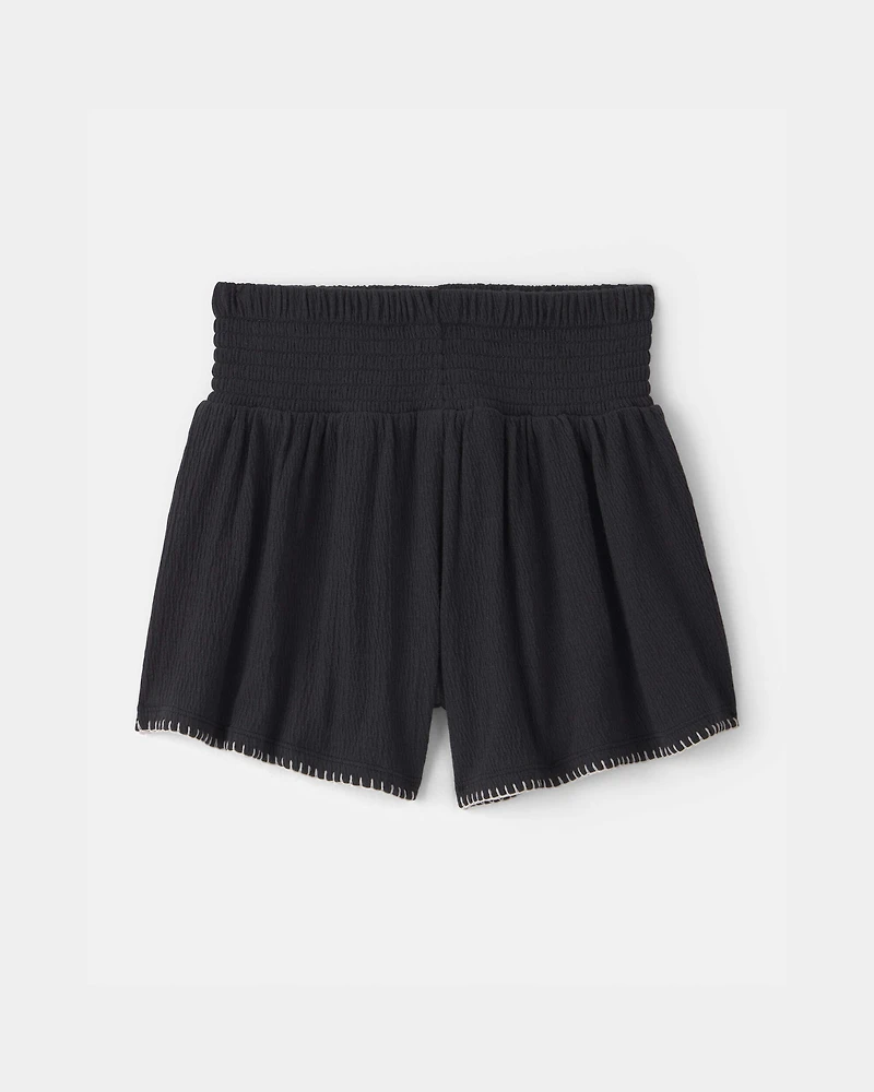 Girls Smocked Crinkle Shorts - Black