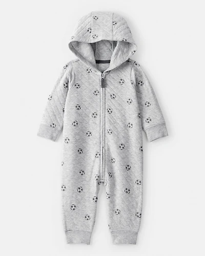 Baby Boy Soccer Quilted Long-Sleeve Hooded Jumpsuit - Black