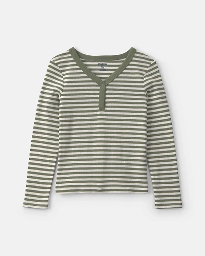 Girls Striped Long-Sleeve Rib Top - Green/White