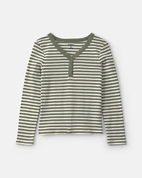 Girls Striped Long-Sleeve Rib Top - Green/White