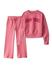 Girls 2-Piece Oversized "Good Vibes" Sweatshirt & Drawstring Pants Set - Pink