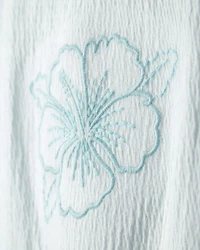 Girls Embroidered Flower Crinkle Top - Blue