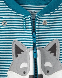 Baby Boy Dog Striped 100% Cotton Snug Fit 2-Way Zip 1-Piece Pajamas - Blue