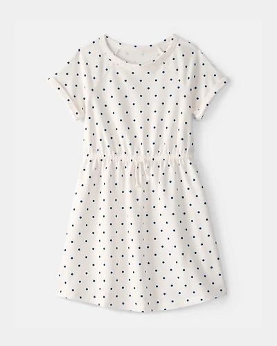 Girls Polka Dot French Terry Dress - White/Blue