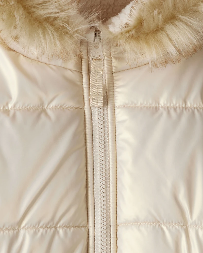 Girls Hooded Heavyweight Winter Jacket - Cream
