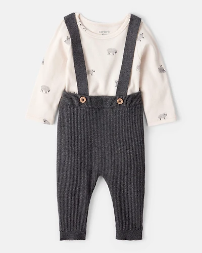 Baby Boy Sheep Print Cotton Long-Sleeve Overall Set - White/Grey