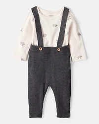 Baby Boy Sheep Print Cotton Long-Sleeve Overall Set - White/Grey