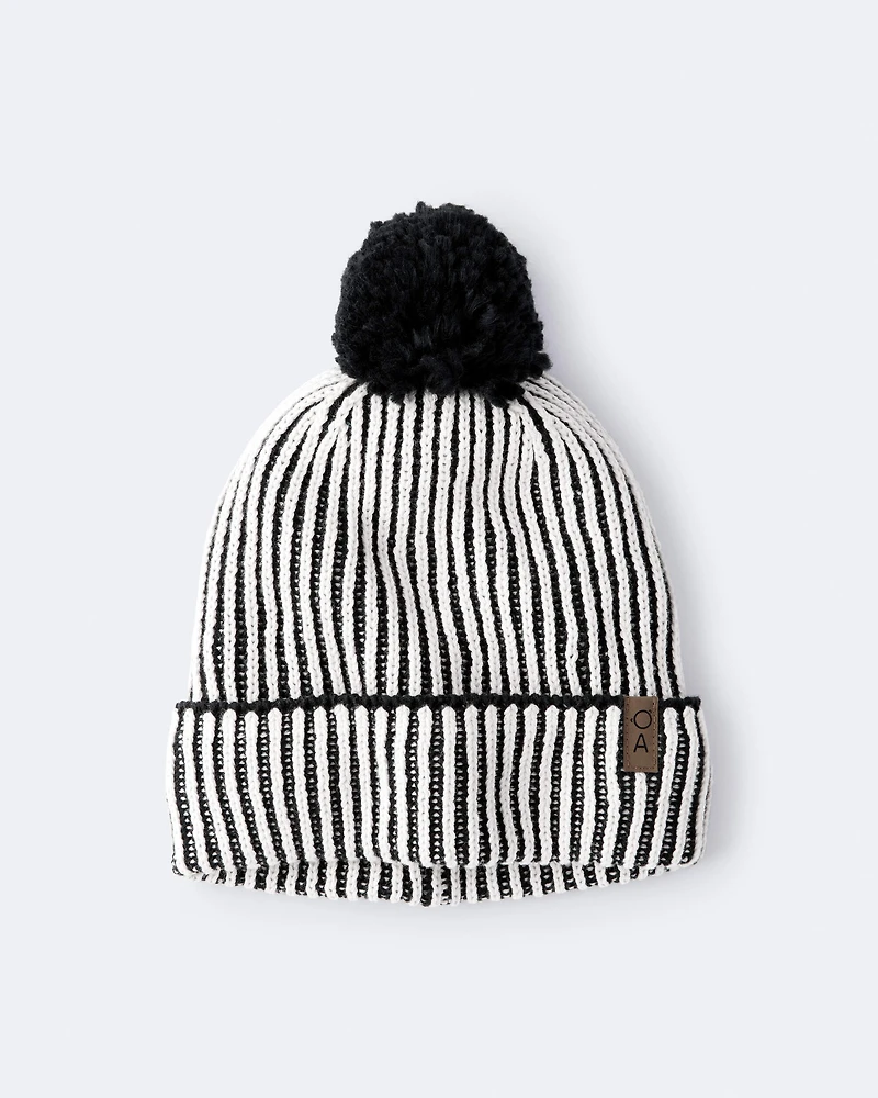 Toddler Neutral Striped Pom Pom Beanie - Black/White
