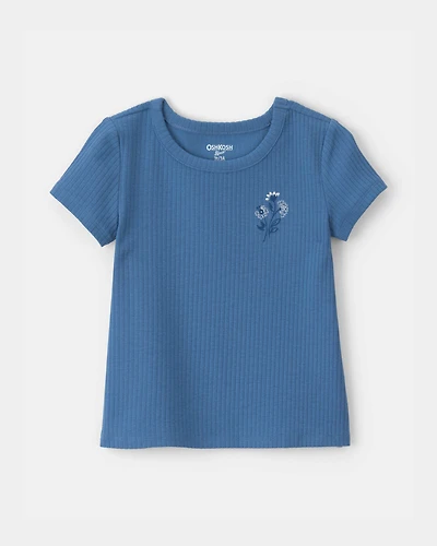 Toddler Girl Flower Embroidered Rib Top - Blue