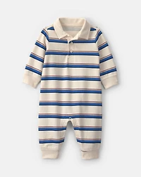 Baby Boy Striped French Terry Long-Sleeve Jumpsuit - Blue/Cream