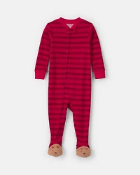 Toddler 1-Piece Striped Reindeer 100% Cotton Snug Fit Footed Pajama - Red
