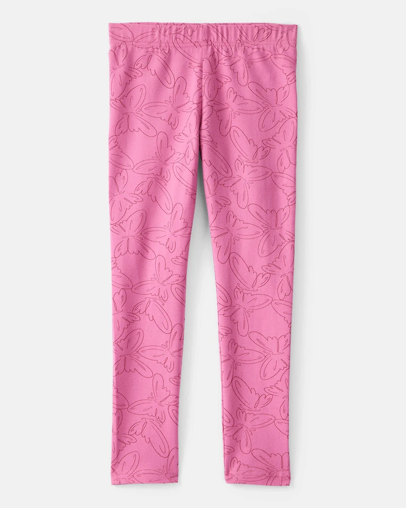 Girls Butterfly Print Cotton Pull-On Stretch Leggings - Pink