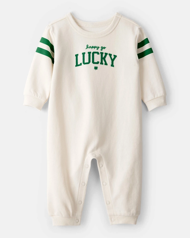 Baby St. Patrick's Day Lucky French Terry Long-Sleeve Jumpsuit - Cream