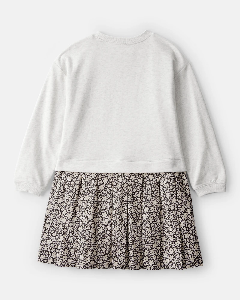 Girls Floral Sweatshirt Dress - Grey/Green
