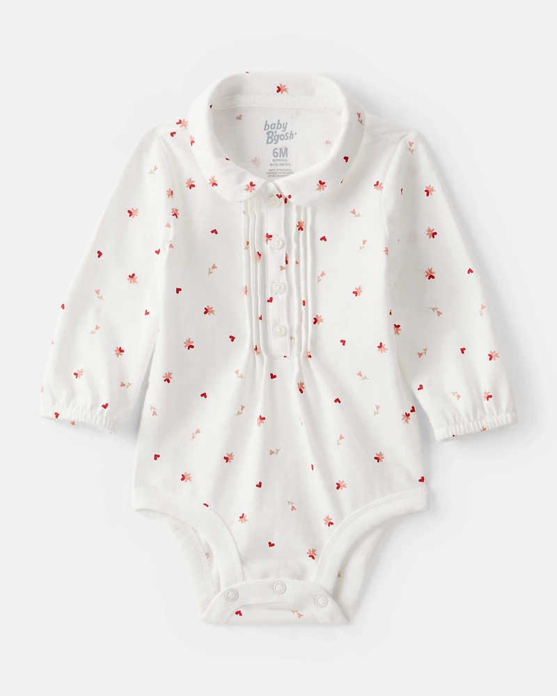 Baby Girl Floral Long-Sleeve Fashion Bodysuit - White