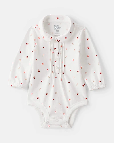 Baby Girl Floral Long-Sleeve Fashion Bodysuit - White