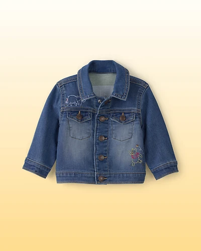 Baby Disney© Winnie the Pooh Embroidered Knit-Like Denim Jacket with Back Art - Dark Wash