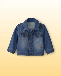 Baby Disney© Winnie the Pooh Embroidered Knit-Like Denim Jacket with Back Art - Dark Wash