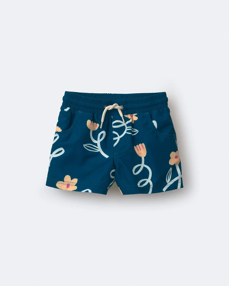 Toddler Boy Swim Trunk in Floral Print - Teal