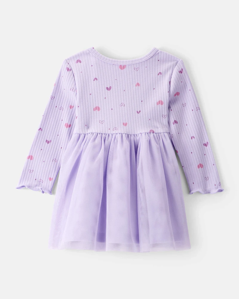Baby Girl Heart Print Long-Sleeve Dress - Purple