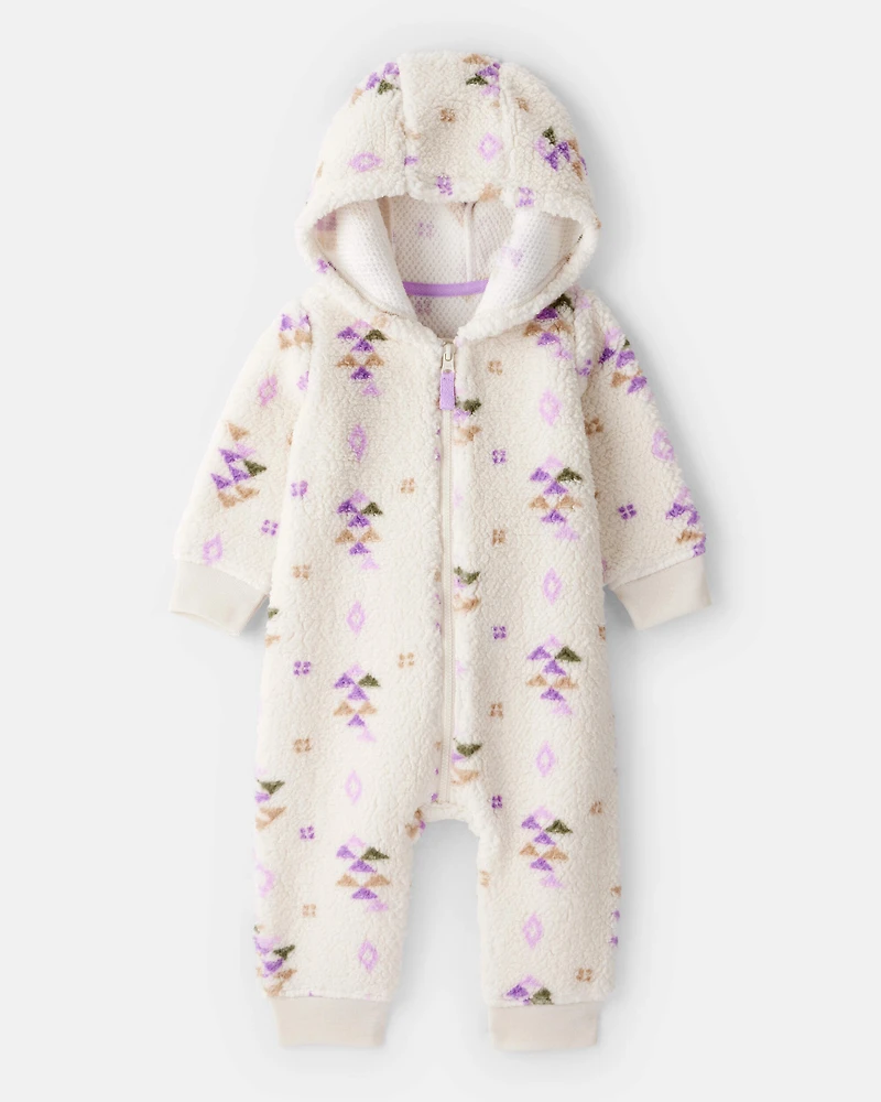 Baby Girl Aztec Print Sherpa Long-Sleeve Jumpsuit - Cream