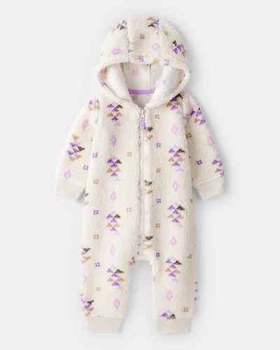Baby Girl Aztec Print Sherpa Long-Sleeve Jumpsuit - Cream