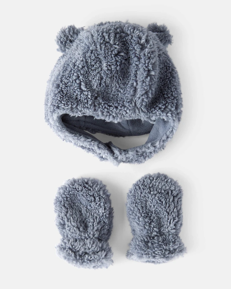 Baby Boy Sherpa Winter Hat & Mittens Set - Blue