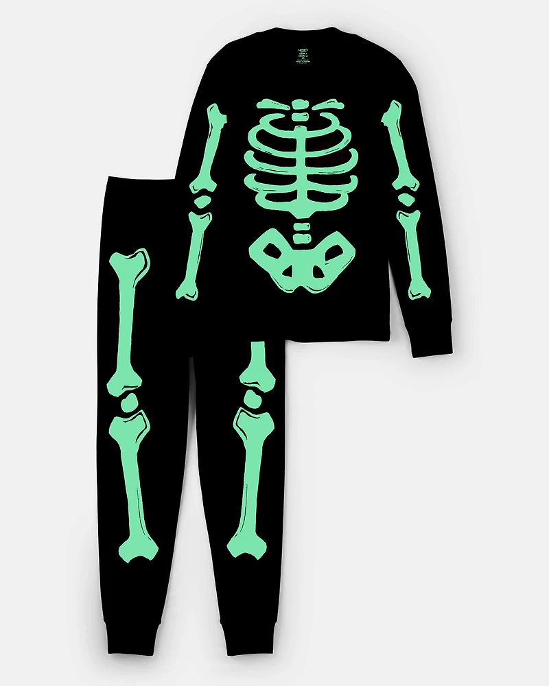 Adult 2-Piece Glow Skeleton Halloween 100% Snug Fit Cotton Pajamas - Black