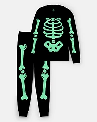 Adult 2-Piece Glow Skeleton Halloween 100% Snug Fit Cotton Pajamas - Black