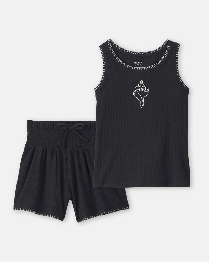 Girls 2-Piece Shell Embroidered Rib Tank Top & Short Set - Black