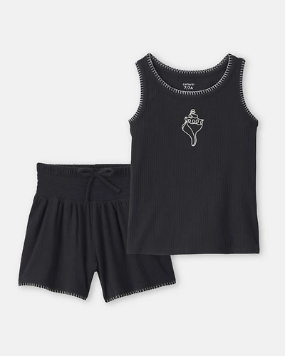 Girls 2-Piece Shell Embroidered Rib Tank Top & Short Set - Black