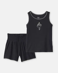 Girls 2-Piece Shell Embroidered Rib Tank Top & Short Set - Black