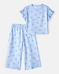 Toddler 2-Piece Floral Flutter-Sleeve Pajamas - Blue