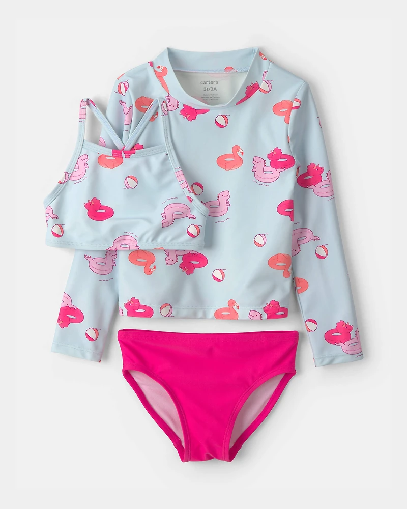 Toddler Girl Pool Float 3-Piece Rashguard Swimsuit Set - Blue/Pink
