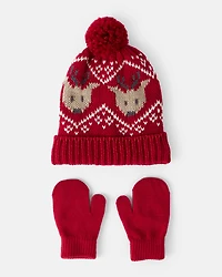 Toddler Boy 2-Pack Reindeer Fair Isle Winter Hat & Mittens - Red