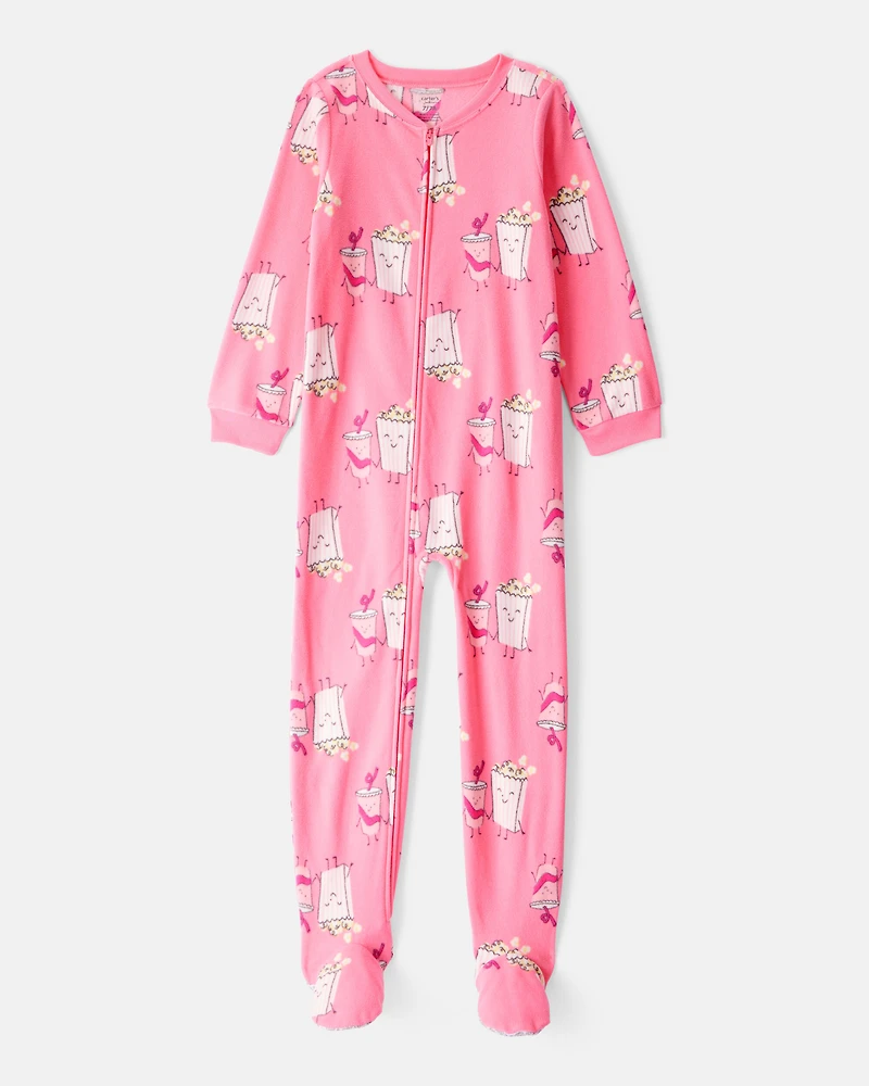 Girls Movie Print Fleece Long-Sleeve Zip-Up 1-Piece Pajamas - Pink